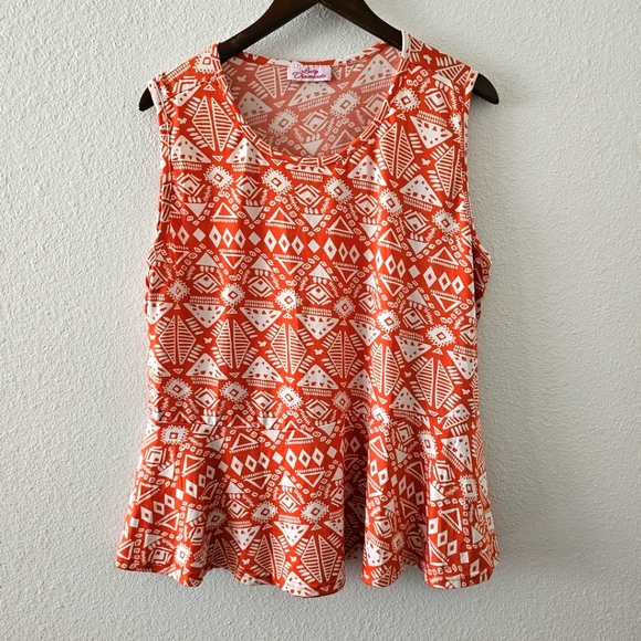 Lucy Diamonds top size XL (?) orange white print peplum summer - Picture 1 of 6